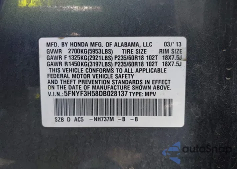2013 Honda Pilot Ex-L z USA, uszkodzony, nr VIN 5FNYF3H58DB028137